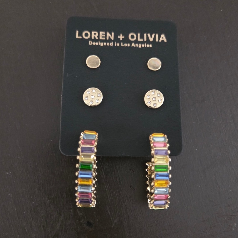 Loren + Olivia Gold Tone Rainbow‎ Baguette Hoop and Stud Earring Set 3 Pairs NEW